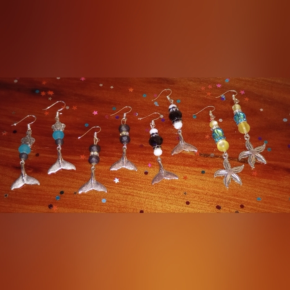 Nautical Sea Life Ocean Beaded Charm Earrings Unique Sparkly Handmade - Picture 2 of 12